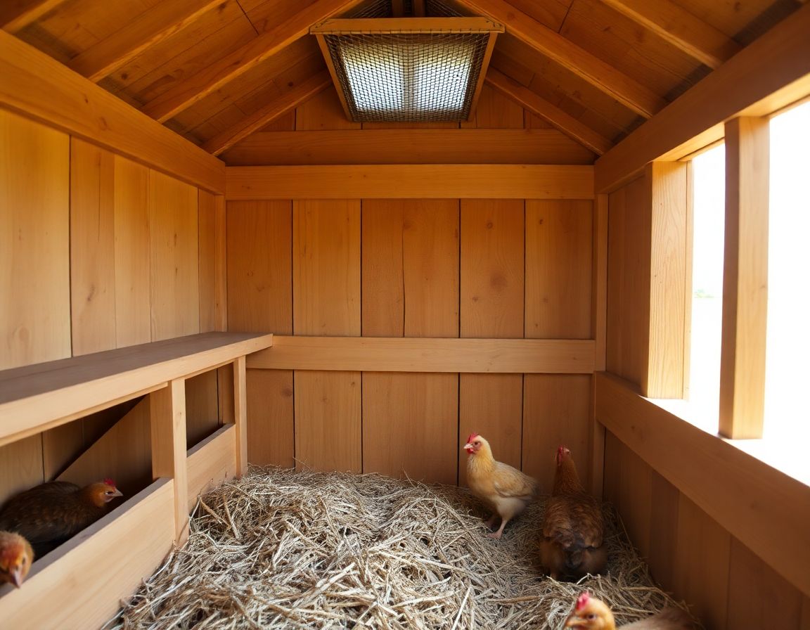 Interior of a wooden chicken coop showing timber nesting boxes with straw and a mesh ventilation panel