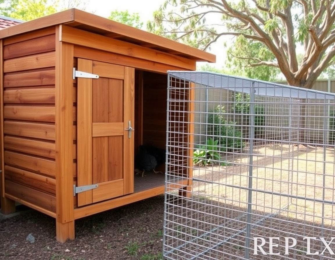 A secure raised wooden chicken coop with a galvanised wire mesh run in an Australian backyard garden