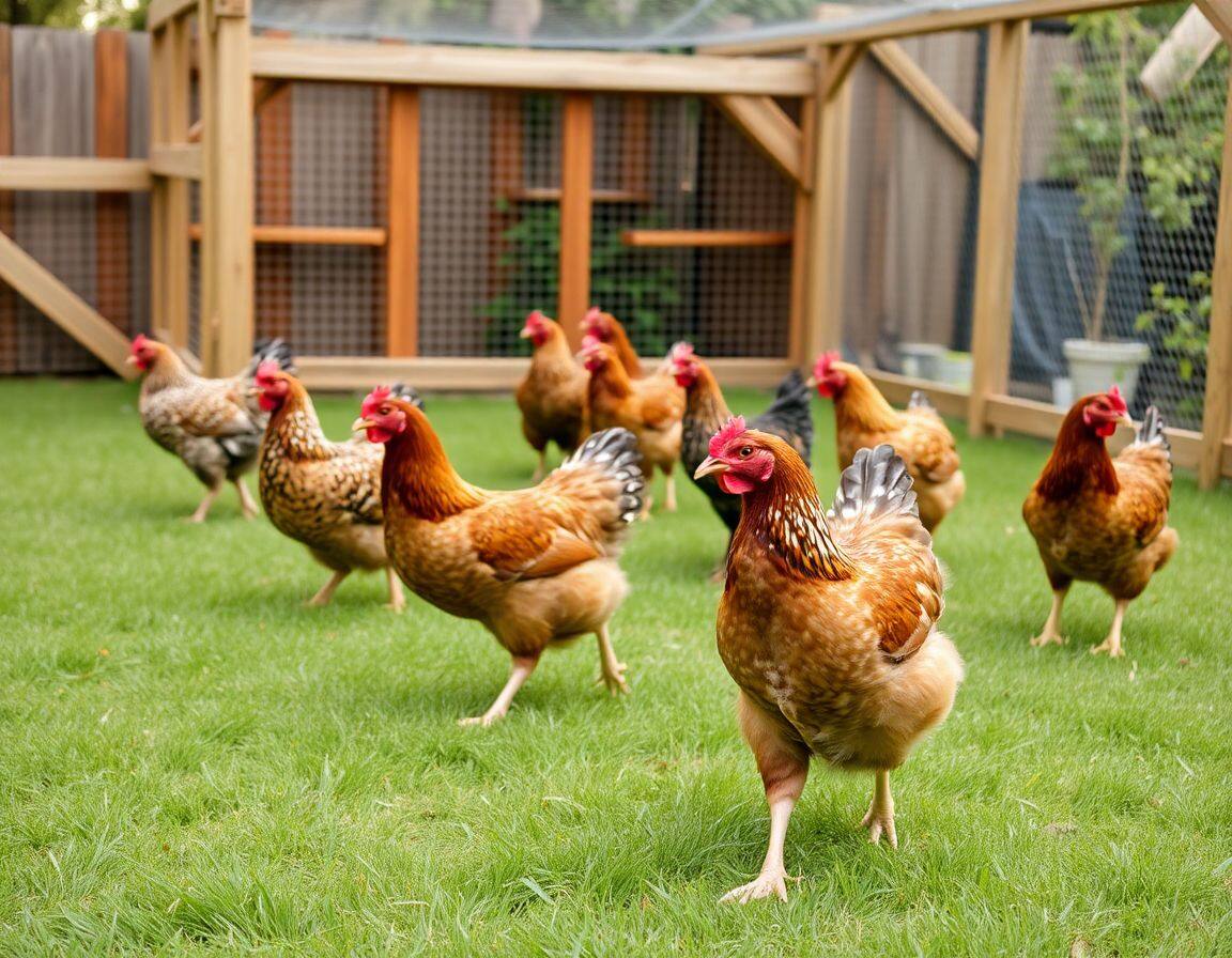 Several hens roaming in a spacious grassy backyard chicken run enclosed by timber and mesh in an Australian garden