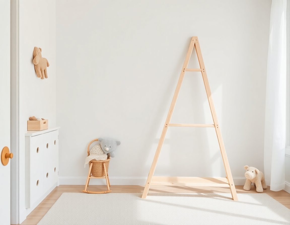 A foldable wooden climbing triangle folded flat and stored against a wall, a key consideration alongside pikler triangle age