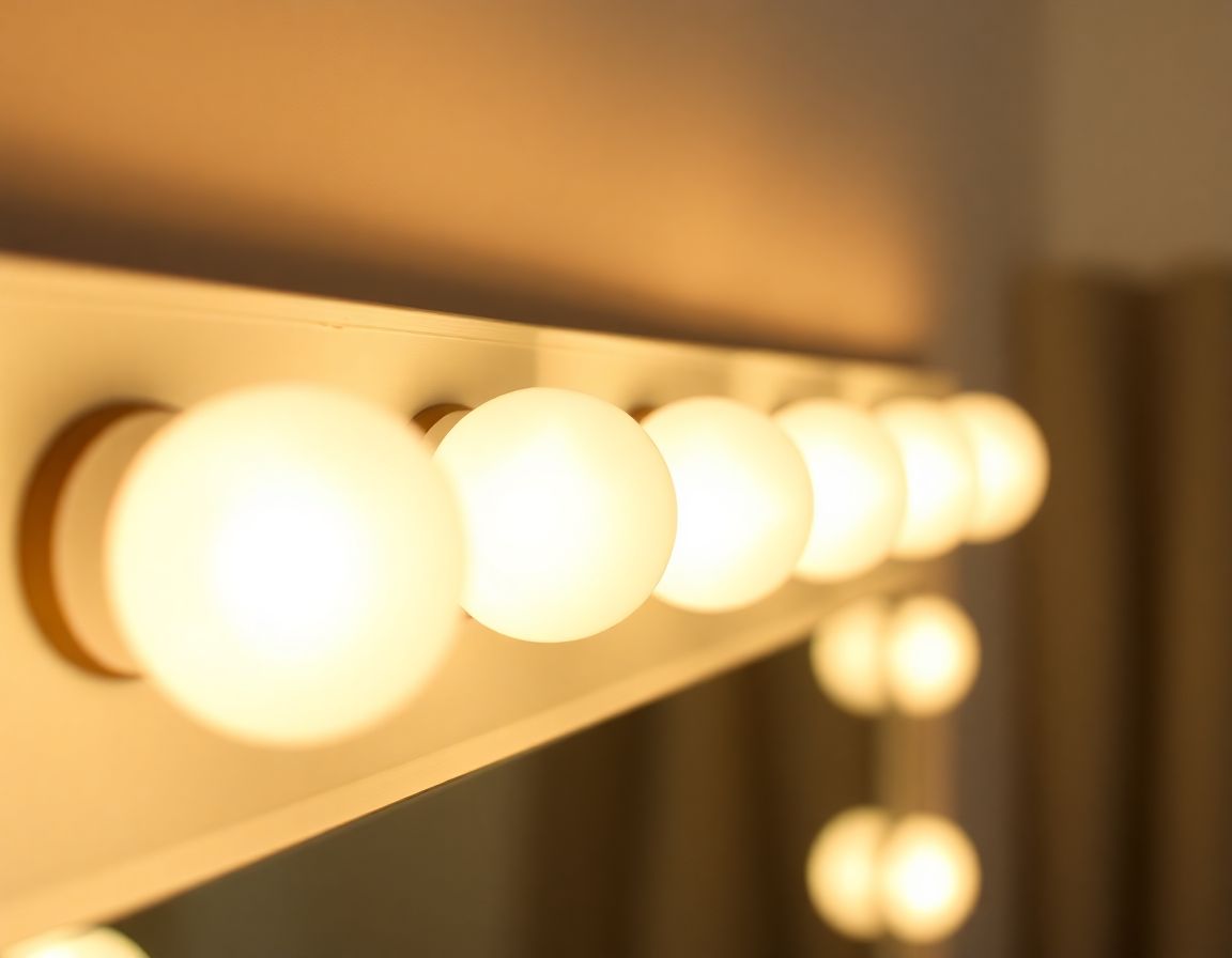 Close up of round frosted LED globe bulbs glowing warm white along the edge of a Hollywood mirror frame