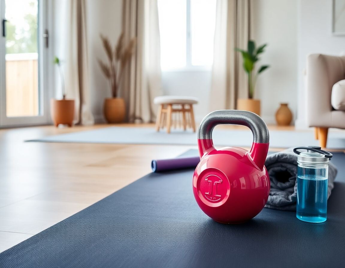 A single kettlebell on a yoga mat beside a towel and water bottle in a bright home workout space