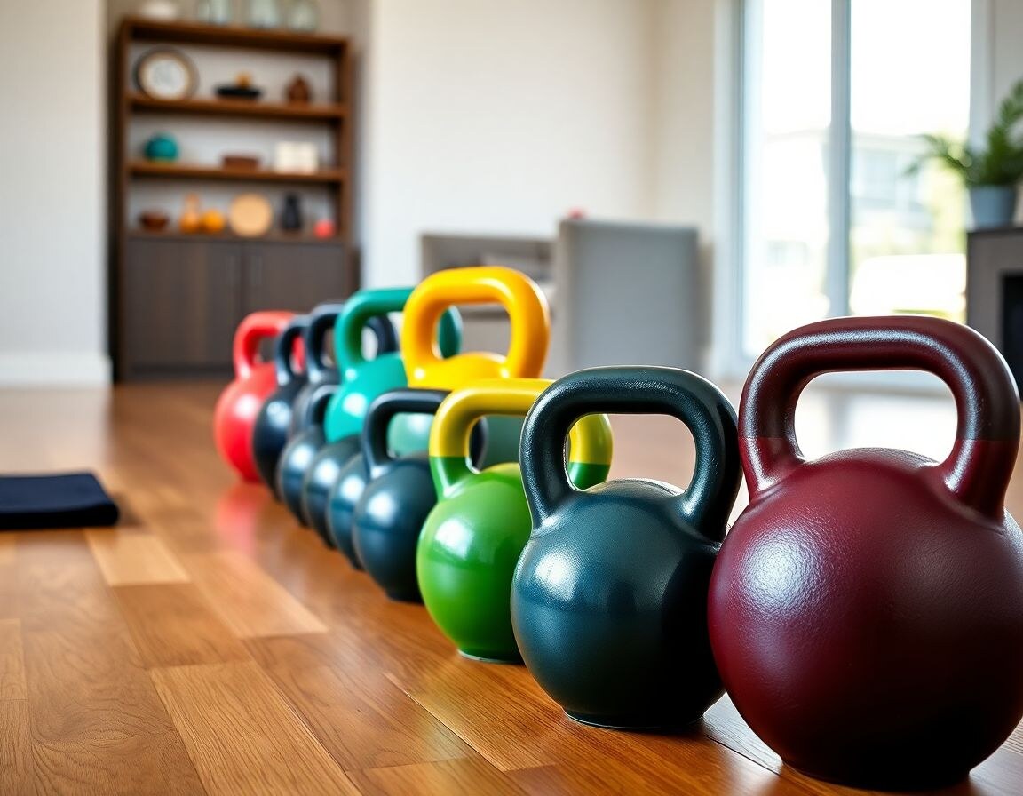 A row of kettlebells arranged from light to heavy on a timber home gym floor showing beginner weight options