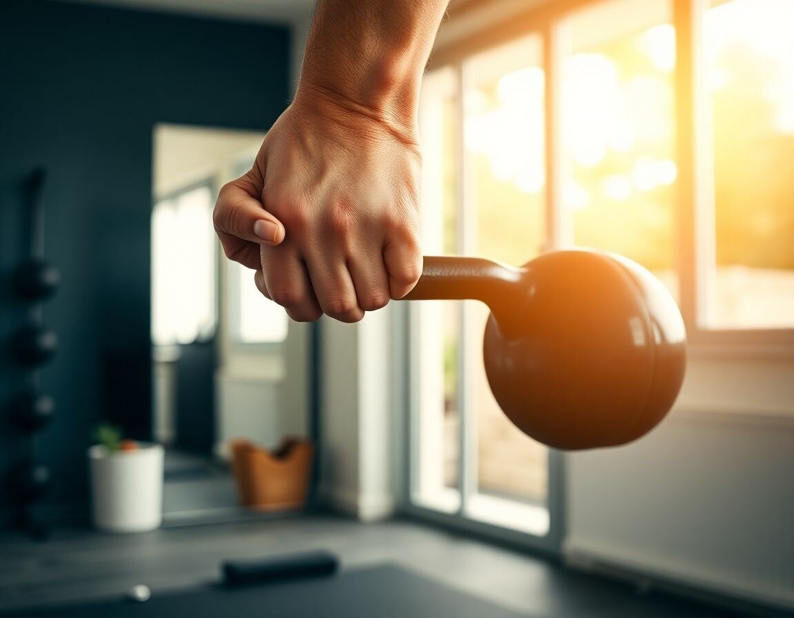 Hands gripping a kettlebell handle during a two handed swing in a home gym