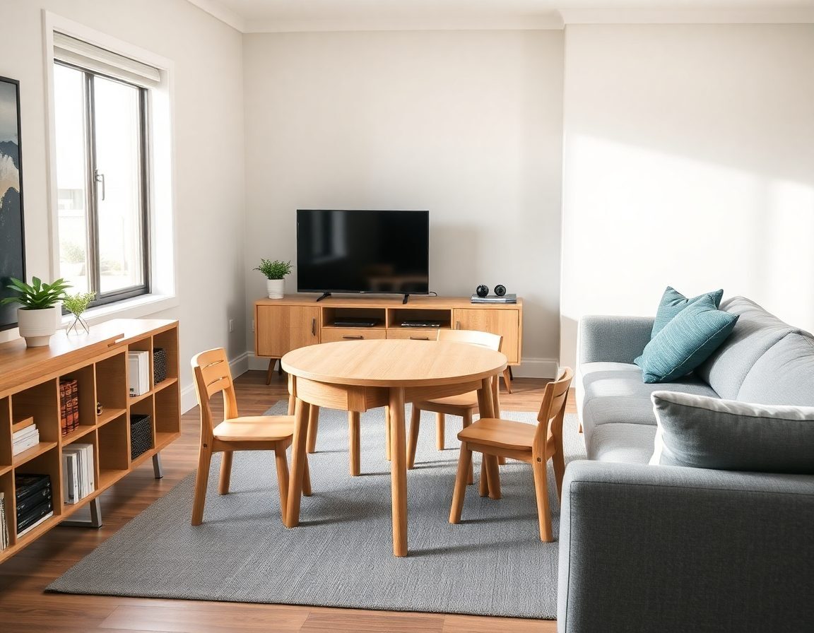 A wooden kids table and chairs set arranged in the corner of a living room to show room fit