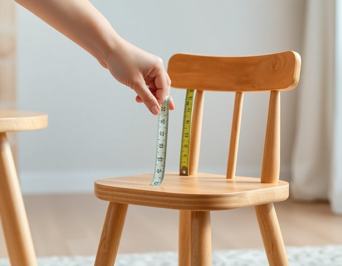 A tape measure checking the seat height of a small wooden kids table and chairs set