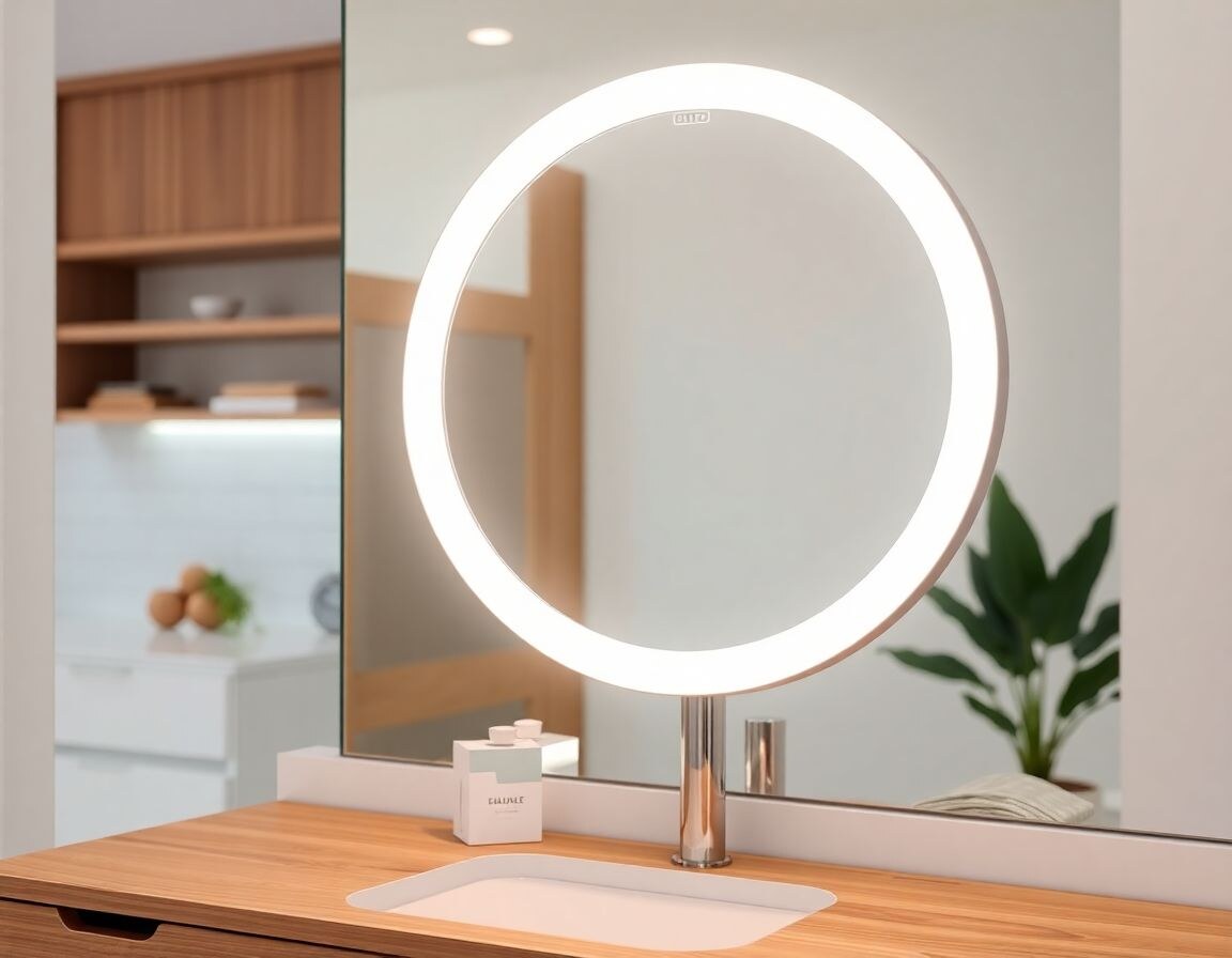 Illuminated LED makeup mirror glowing with bright daylight white light on a modern vanity benchtop