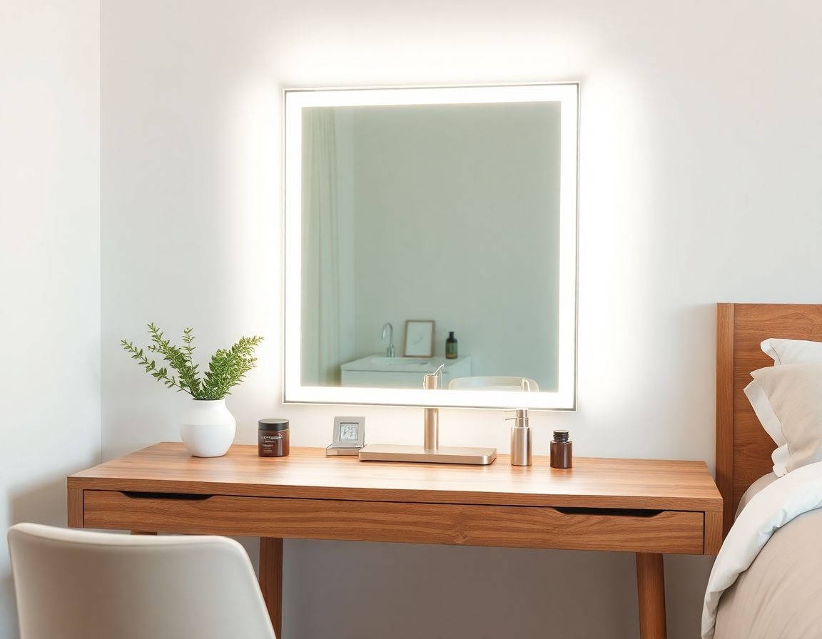 A built in LED strip lit makeup mirror on a timber dressing table in a bright modern Australian bedroom