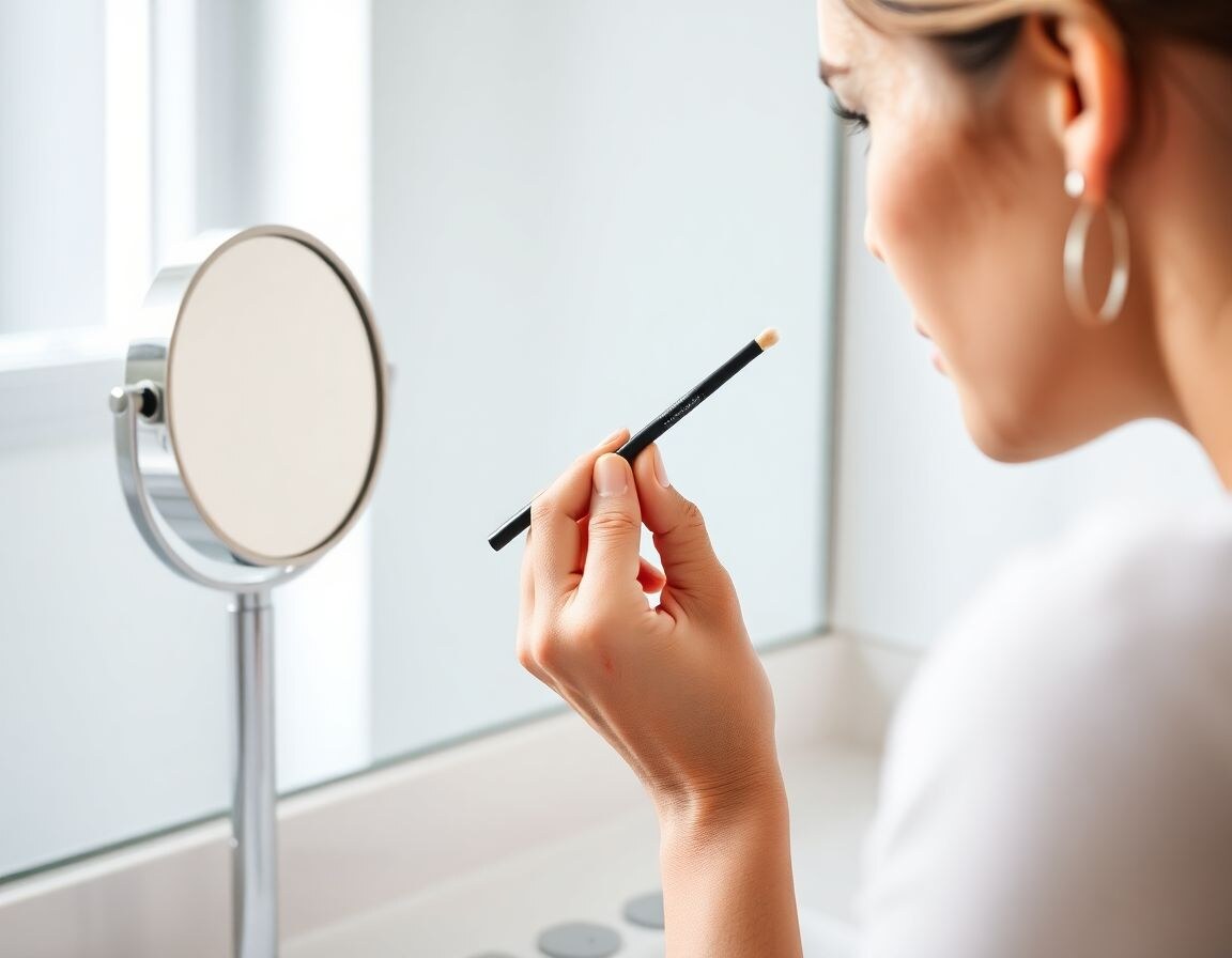 Hands applying eyeliner close to a small 10x magnifying makeup mirror at a short working distance on a bright vanity