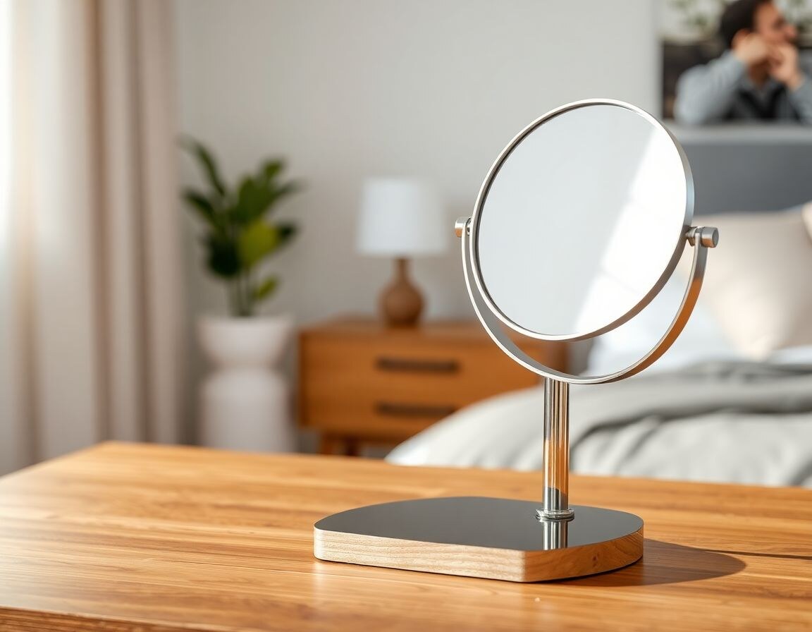 Dual sided makeup mirror showing a normal reflection and a magnified reflection side by side on a timber dressing table