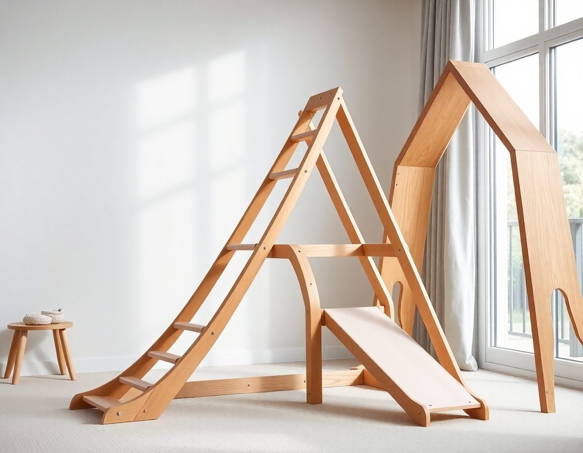A wooden Pikler triangle with a reversible ramp and slide attachment, showing how accessories extend the pikler triangle age range