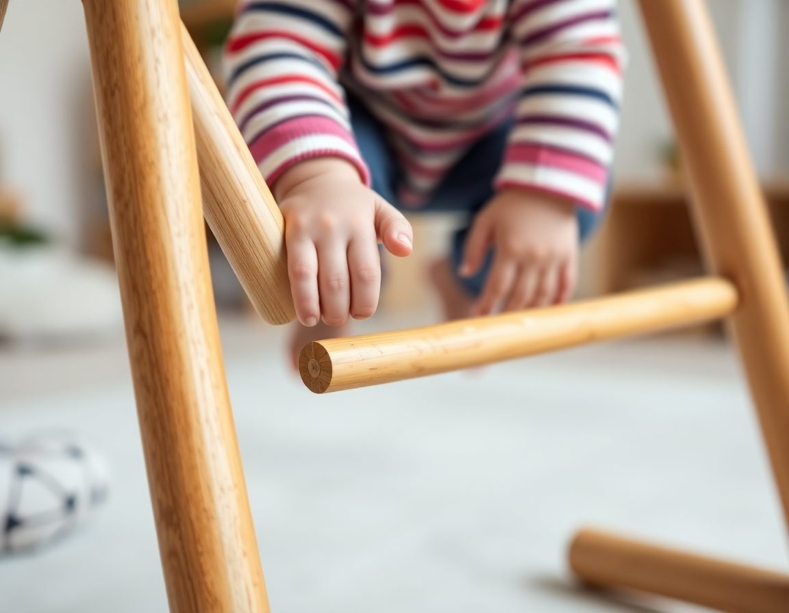 A young toddler's hands gripping the lower wooden rungs of a Montessori Pikler climbing triangle at the recommended pikler triangle age