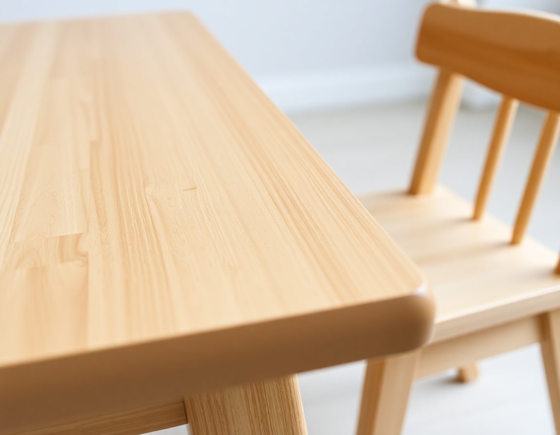 Close up of the solid timber grain on a wooden toddler table and chairs set