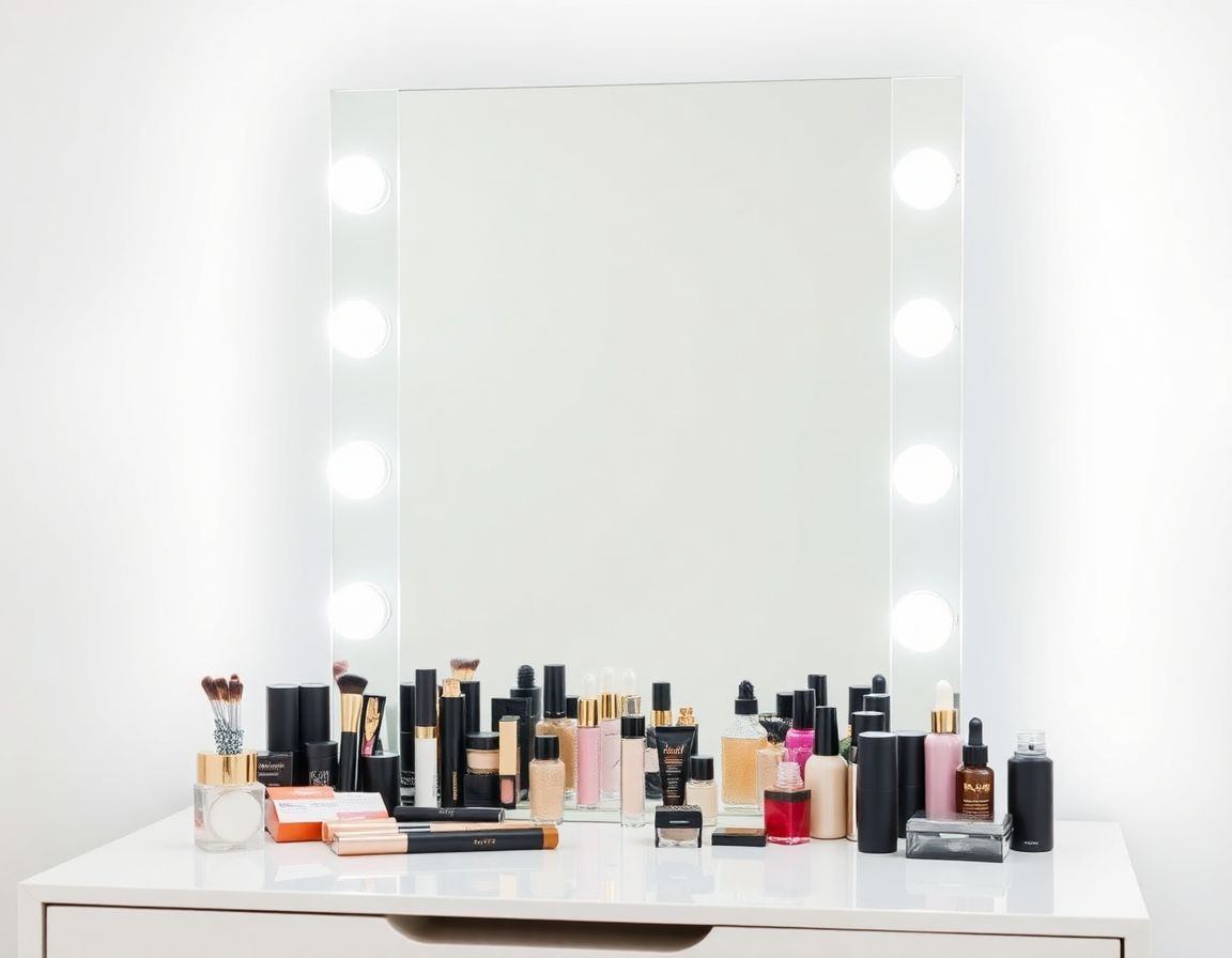 A lit vanity makeup mirror emitting bright even daylight white light on a modern dressing table with cosmetics arranged