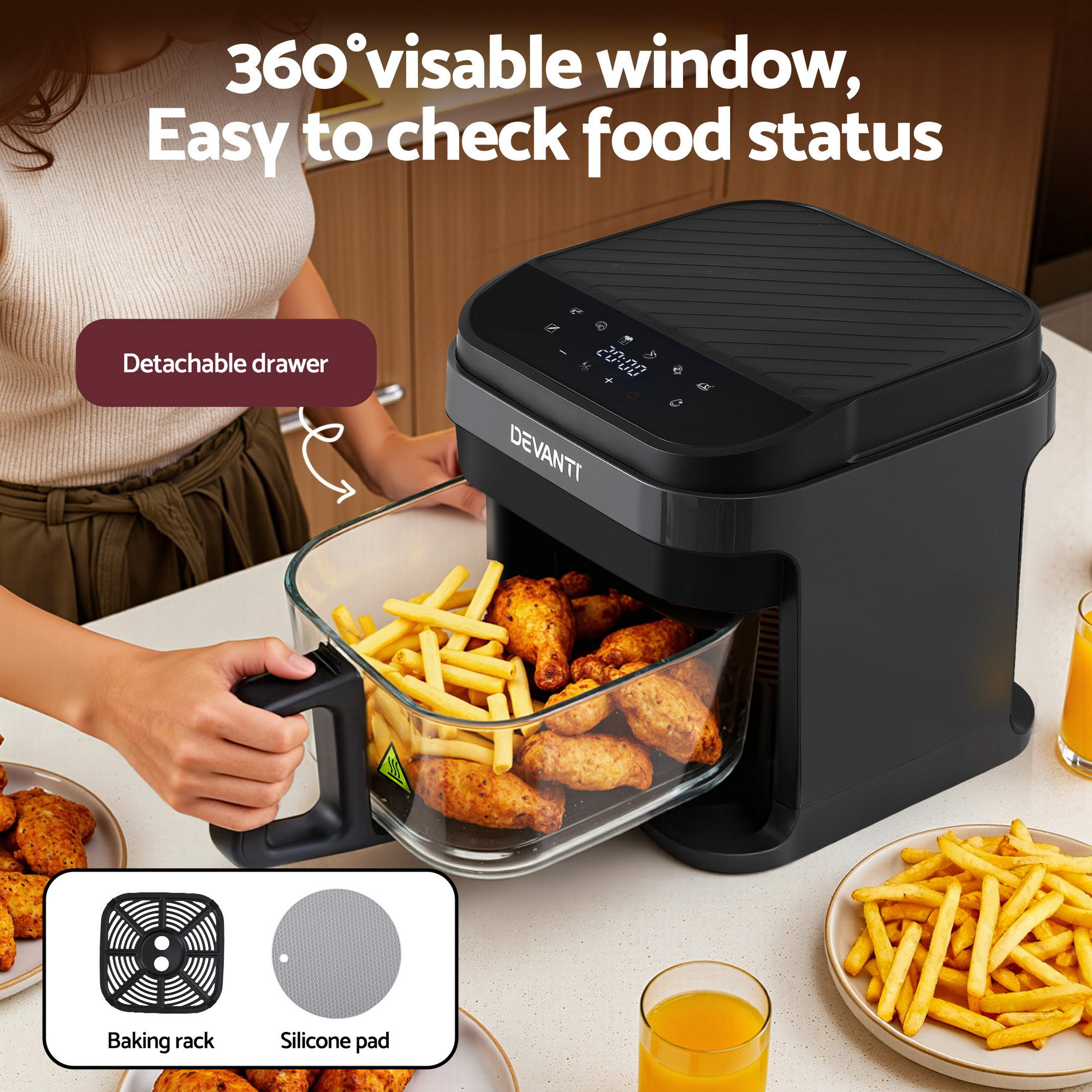 Devanti 5.5L Glass Air Fryer Touch Control Black view 4
