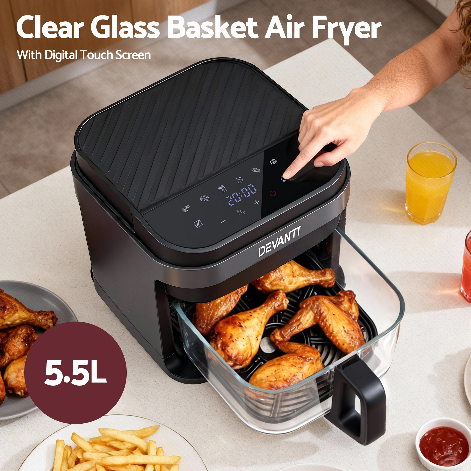 Devanti 5.5L Glass Air Fryer Touch Control Black view 5