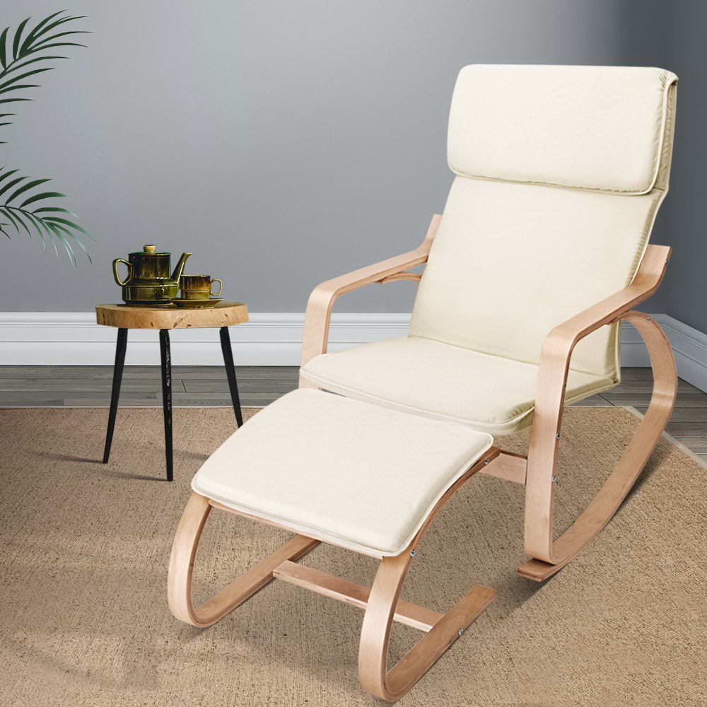 Artiss Bentwood Rocking Armchair with Footstool Beige