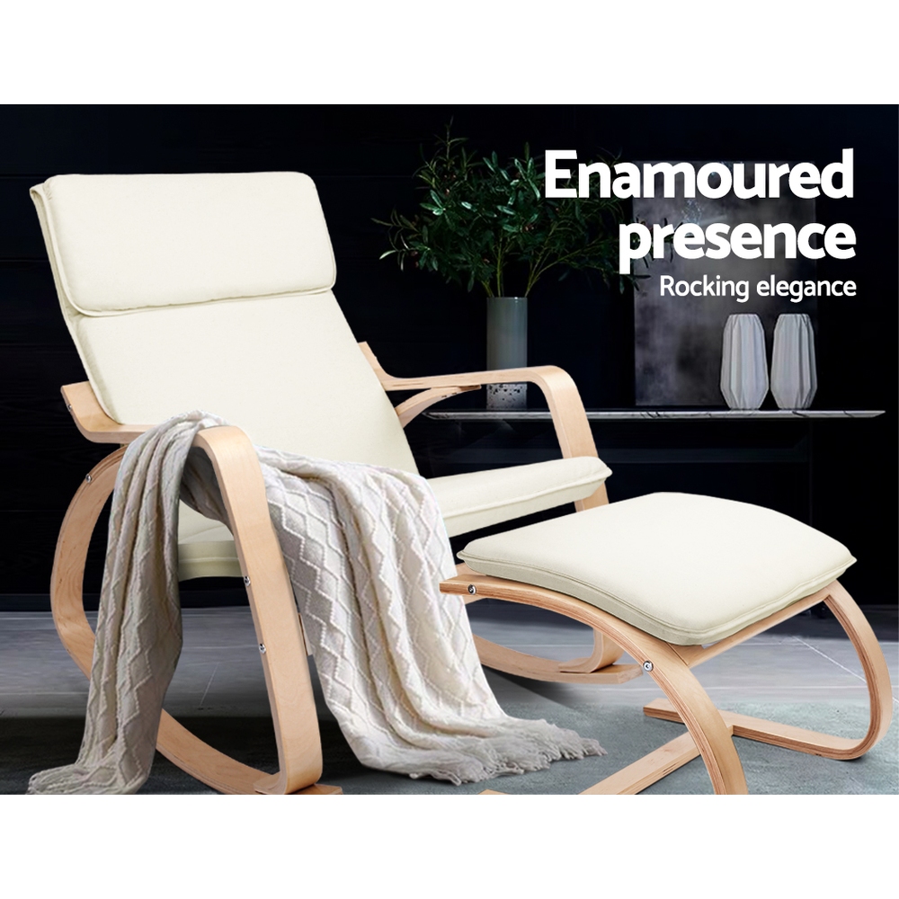 Artiss Bentwood Rocking Armchair with Footstool Beige view 3