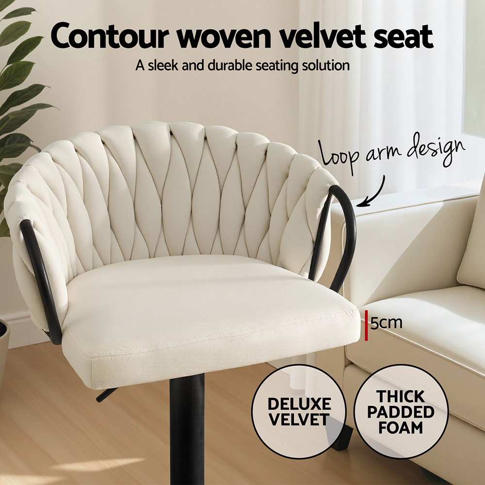 Artiss 2x Woven Velvet Bar Stools Ivory Gaslift view 5