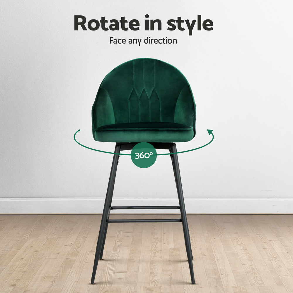 Artiss 4x Mesial Bar Stools Velvet Swivel Green view 4