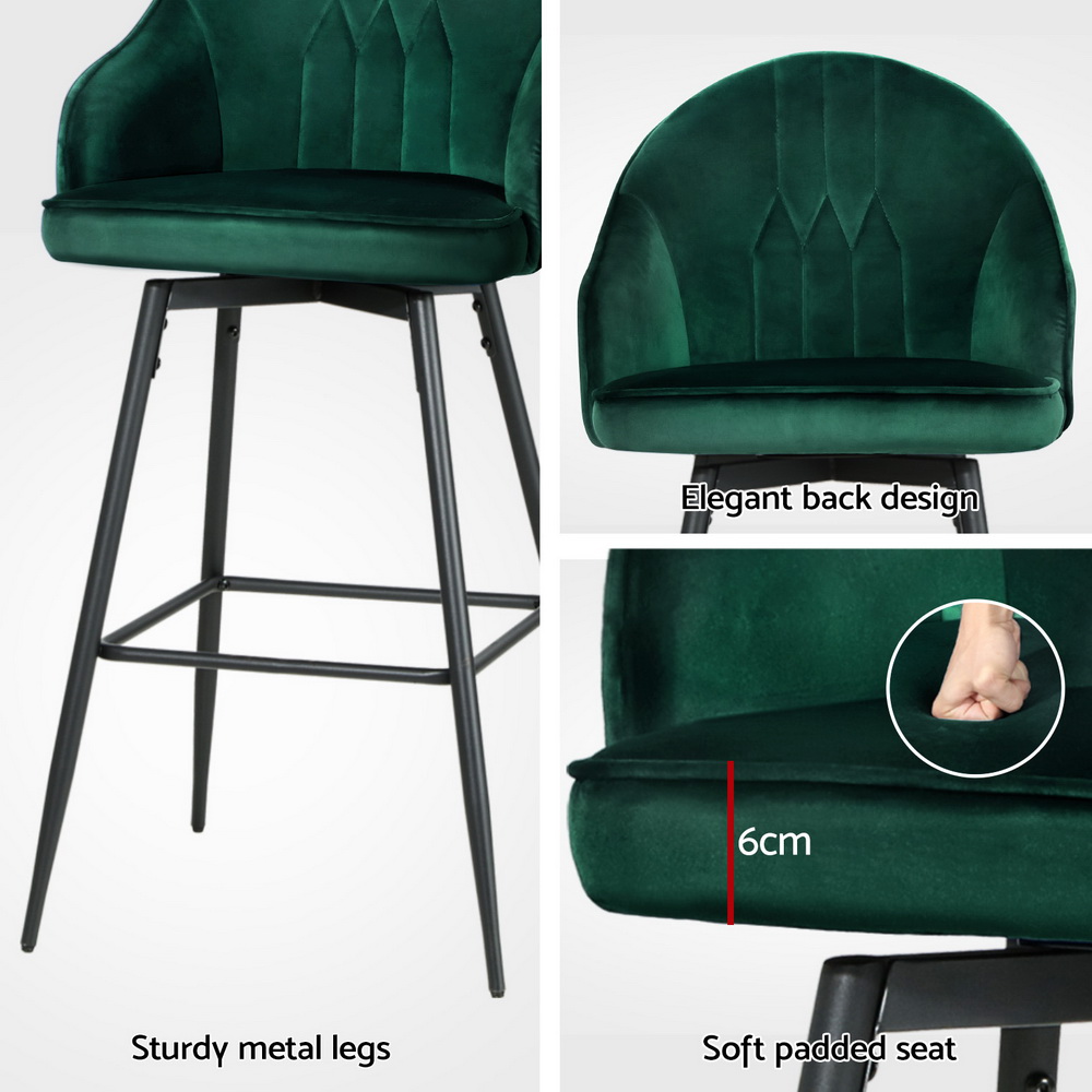 Artiss 4x Mesial Bar Stools Velvet Swivel Green view 5