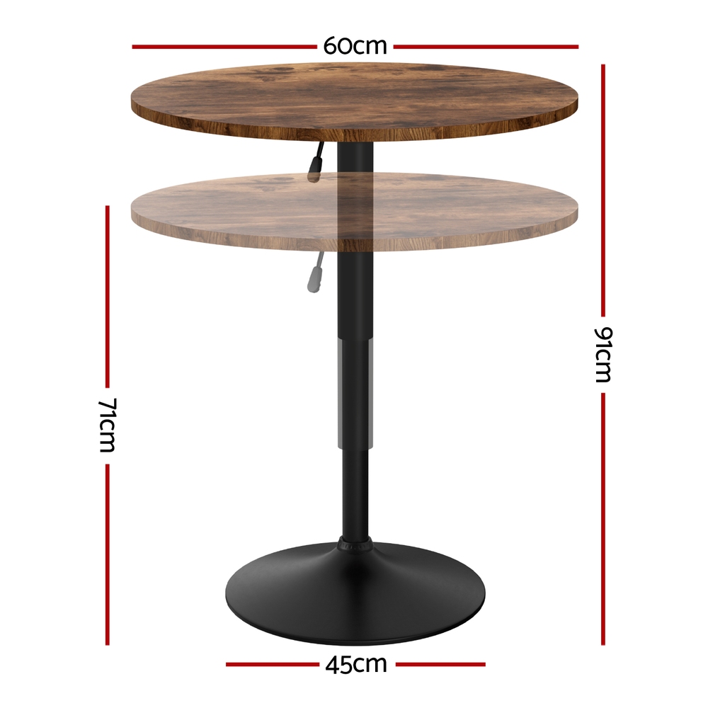 Artiss Adjustable Swivel Bar Table Gaslift 60cm Rustic Brown view 2