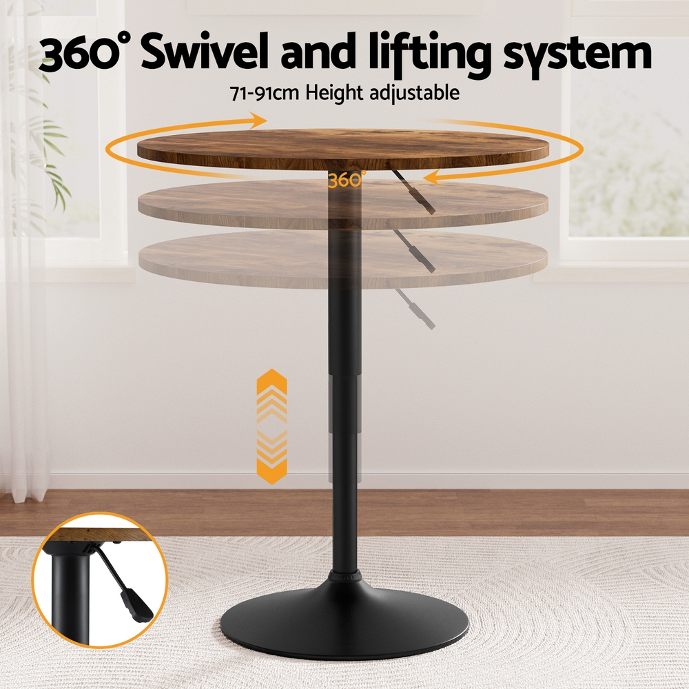 Artiss Adjustable Swivel Bar Table Gaslift 60cm Rustic Brown view 4