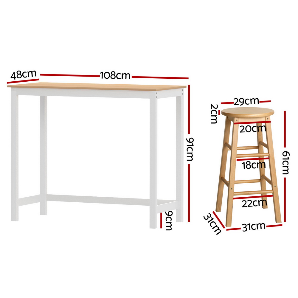 Artiss Bar Table and Stools Set, Solid Beech Wood view 2