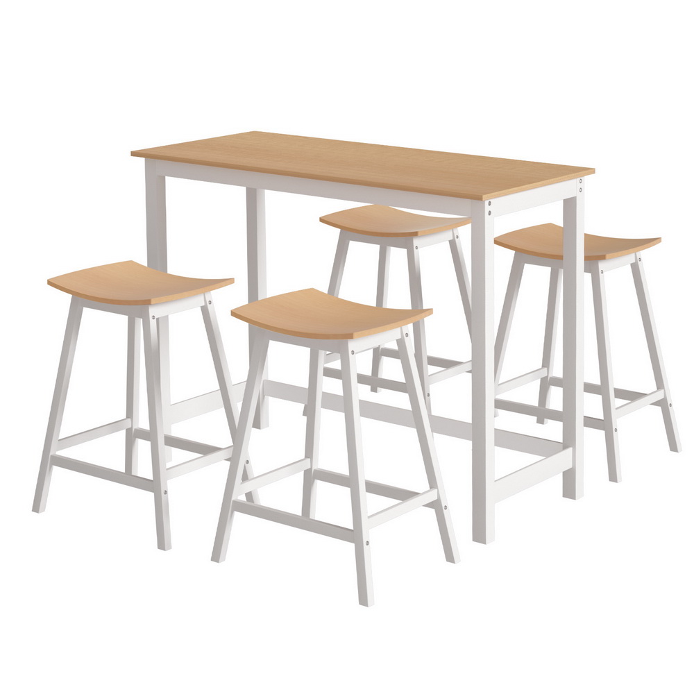 Artiss Bar Table and Stools Set, Solid Wood Saddle Seat