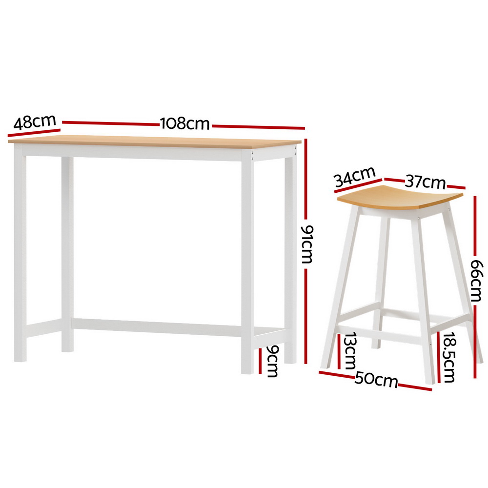 Artiss Bar Table and Stools Set, Solid Wood Saddle Seat view 2