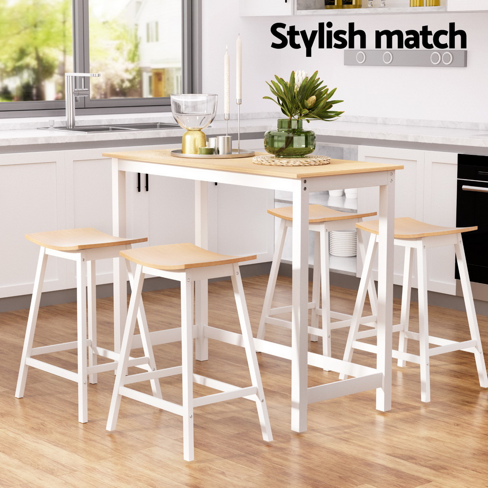 Artiss Bar Table and Stools Set, Solid Wood Saddle Seat view 5