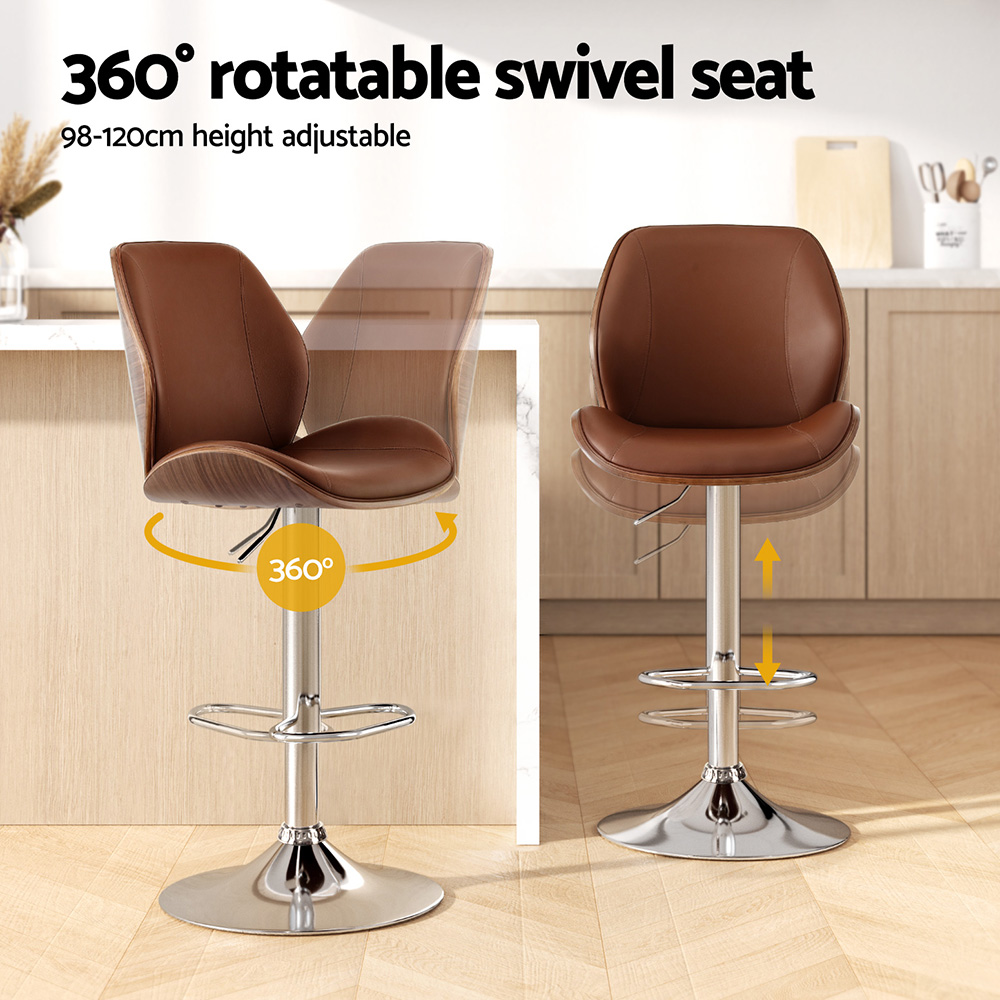 Artiss Bentwood Swivel Bar Stool Leather Brown view 4