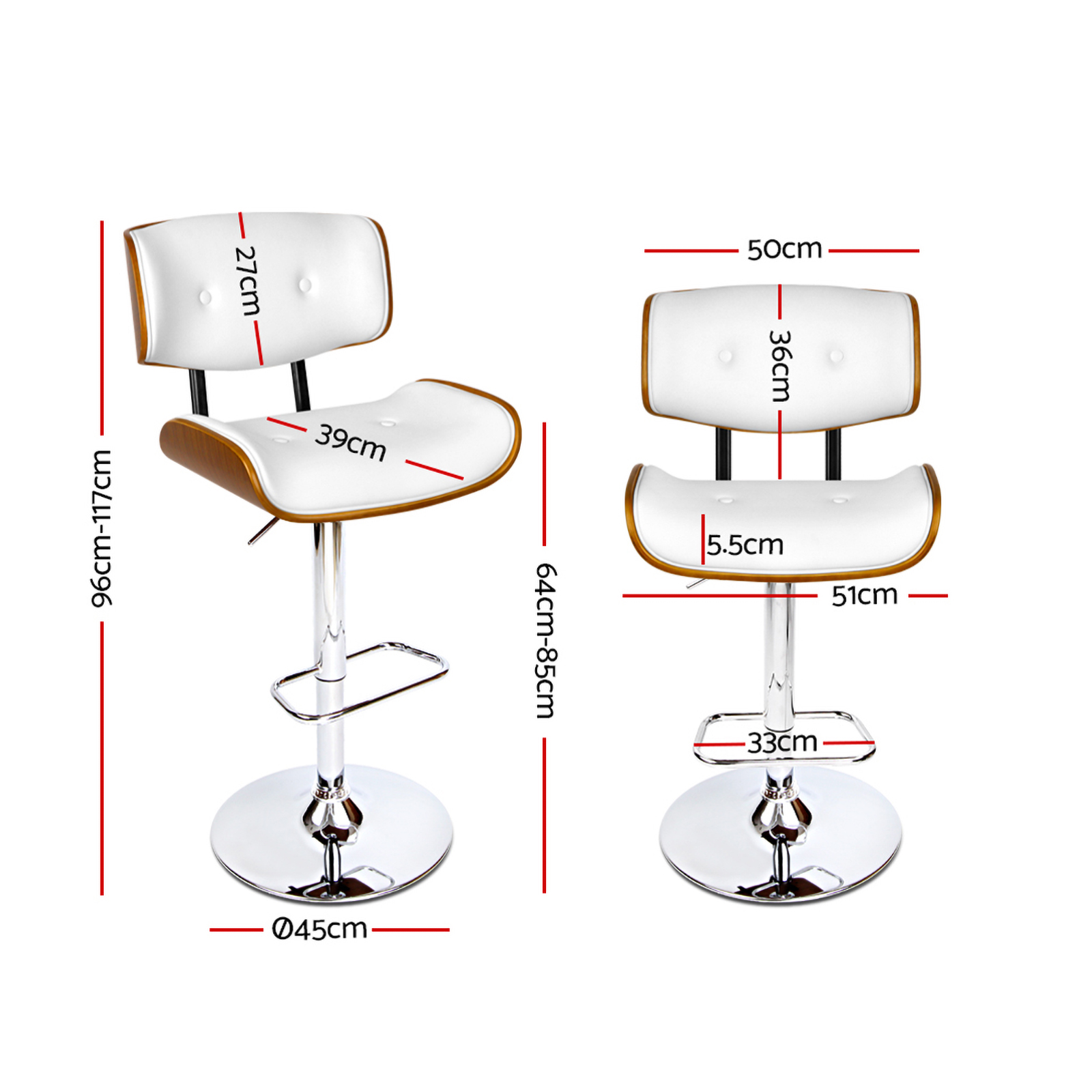 Artiss Chrome Gas Lift Leather Bar Stools in Multiple Colours view 2