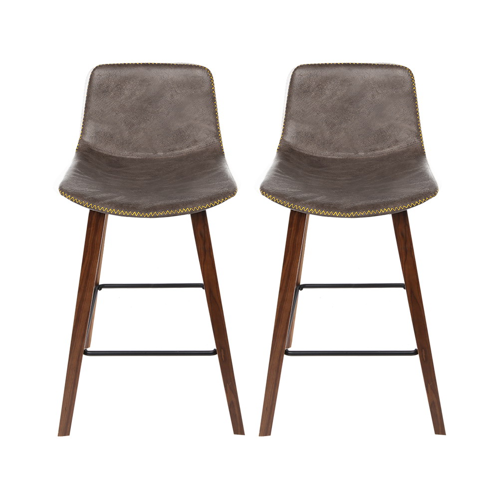 Artiss Bentwood 2x Bar Stools Walnut Leather Seat view 3