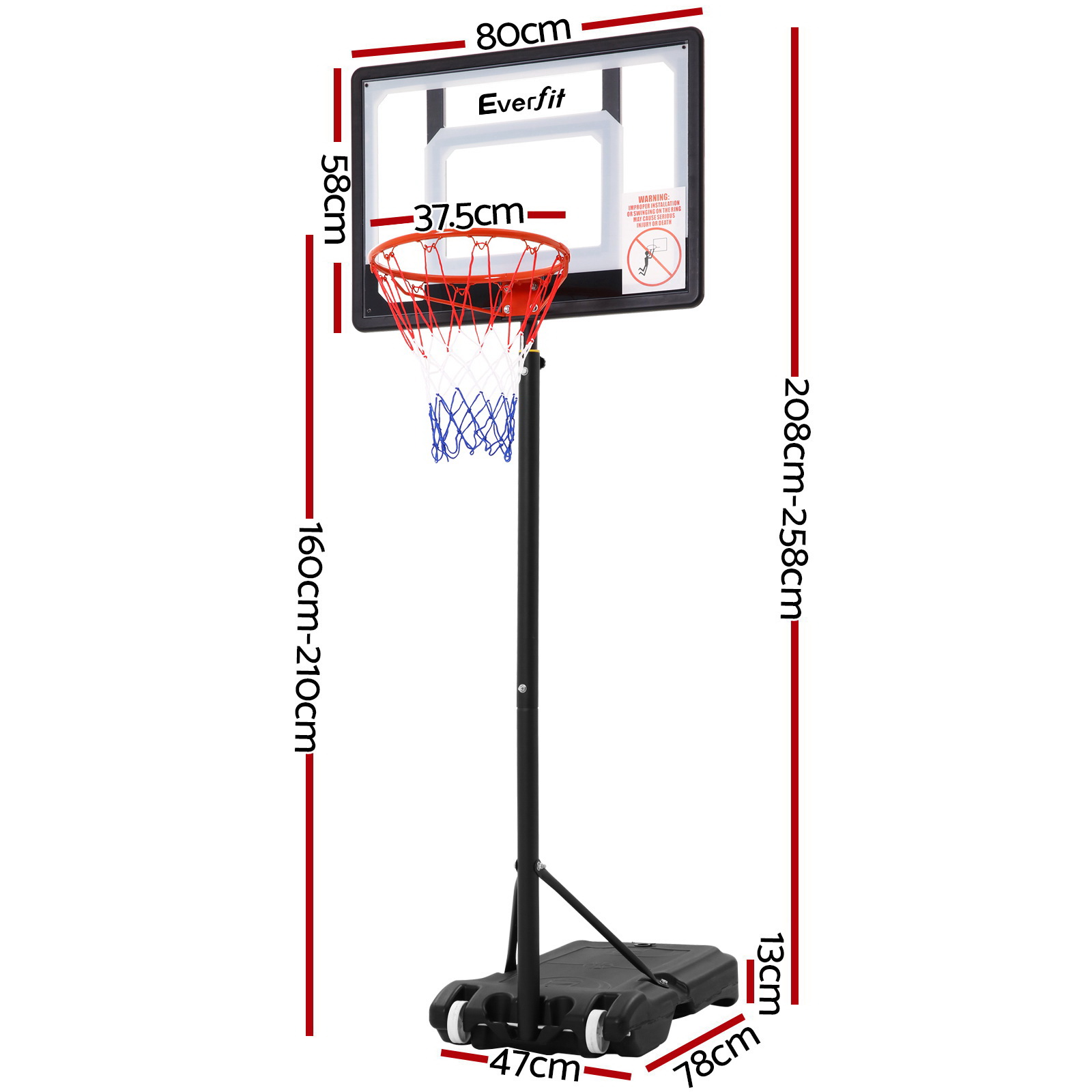 Everfit 2.1M Basketball Hoop Stand 32in PVC Backboard view 2