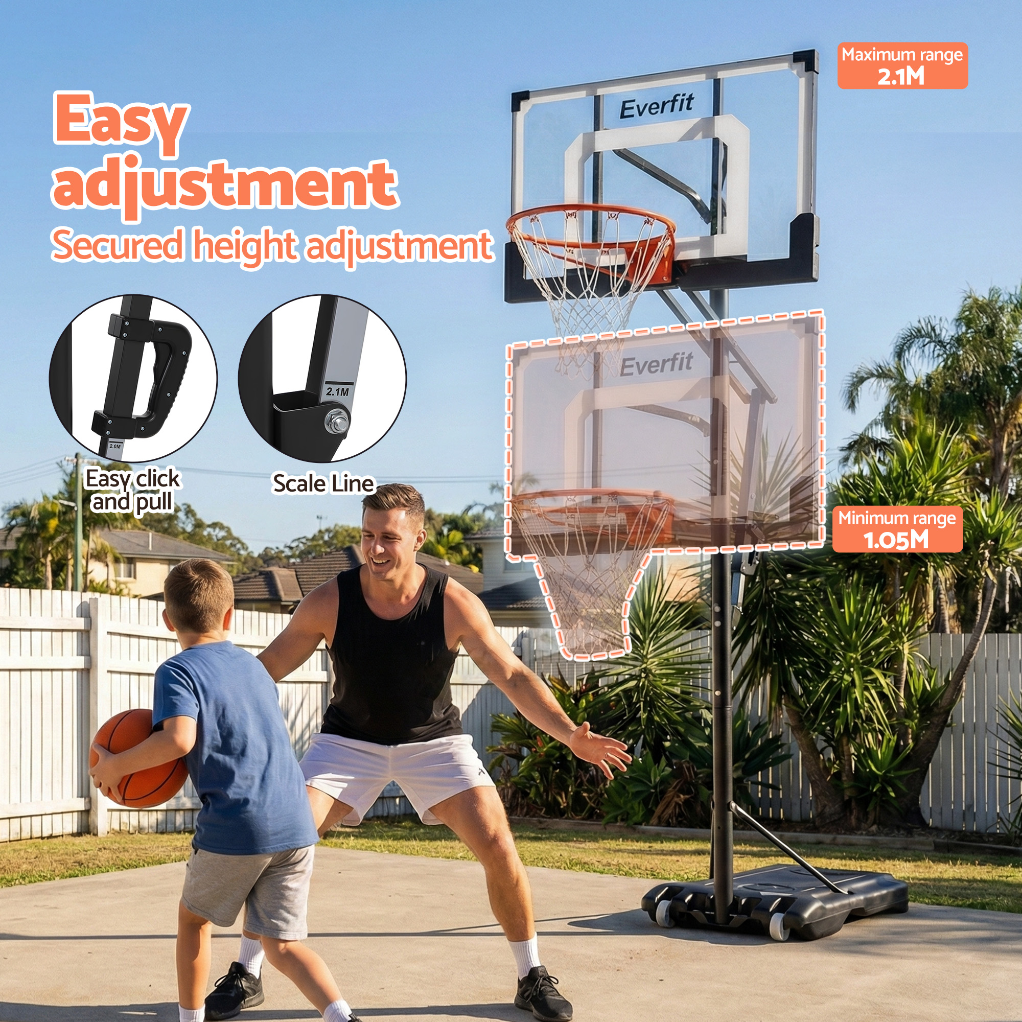 Everfit Portable Basketball Hoop for Pool, 1.05M-2.1M view 4