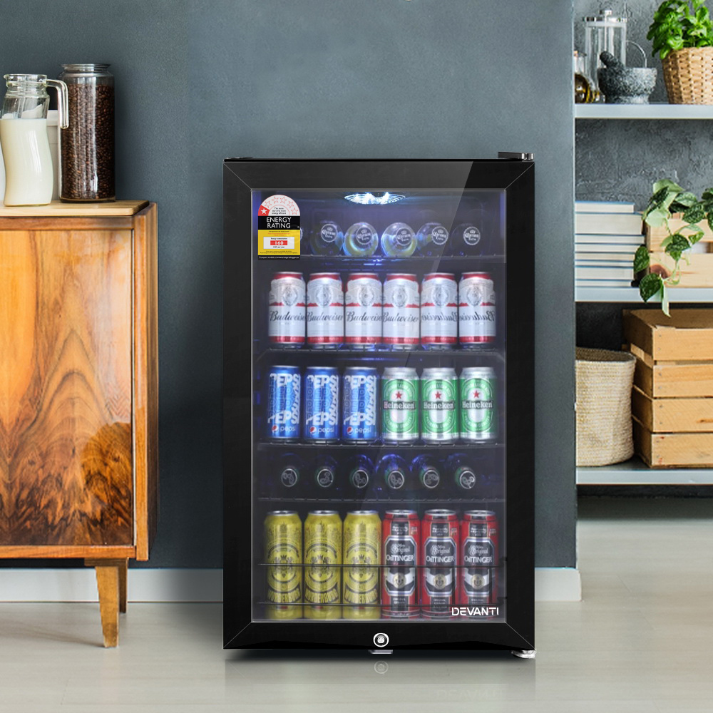 Devanti 115L Bar Fridge Glass Door with Light Black