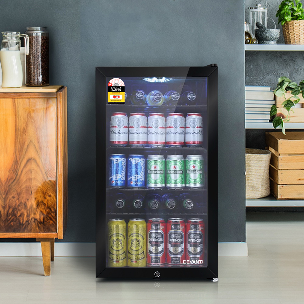 Devanti 98L Glass Door Bar Fridge Freezer Black