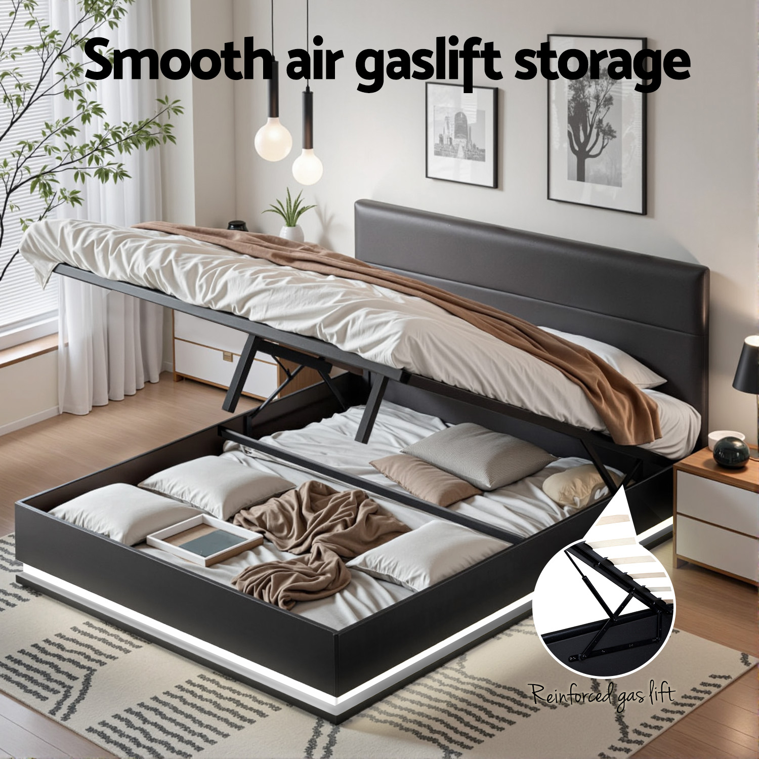 Artiss Lumi Gas Lift Leather Bed Frame, Various Colours view 4