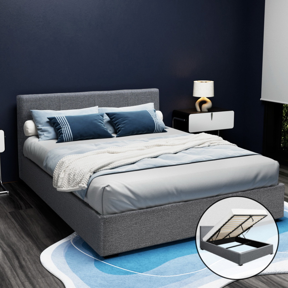 Artiss Nino Gas Lift Linen Bed Frame, Various Colours