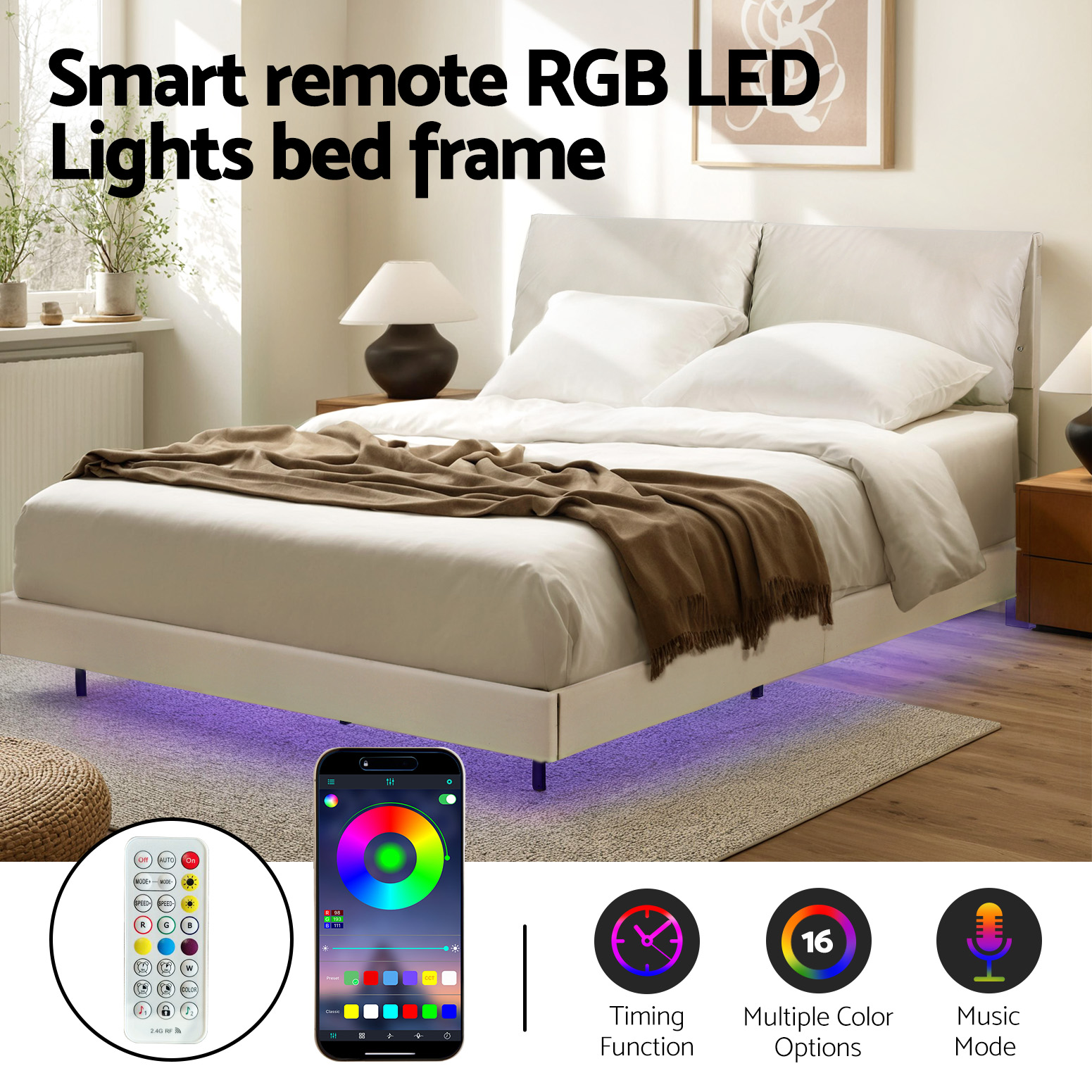 Artiss RGB LED Floating Bed Frame, Adjustable Headboard view 4