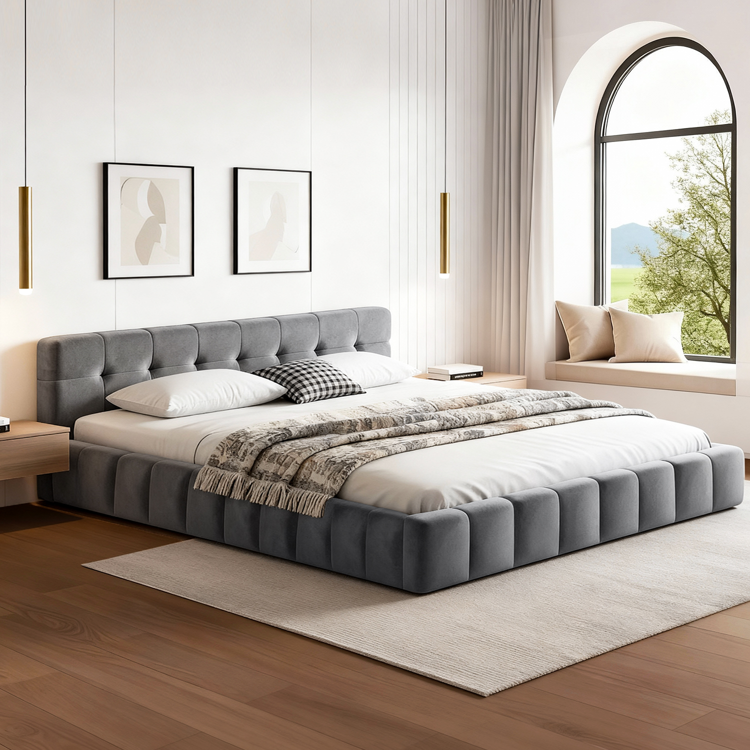 Artiss Velvet Bed Frame with Plush Headboard, Queen or King