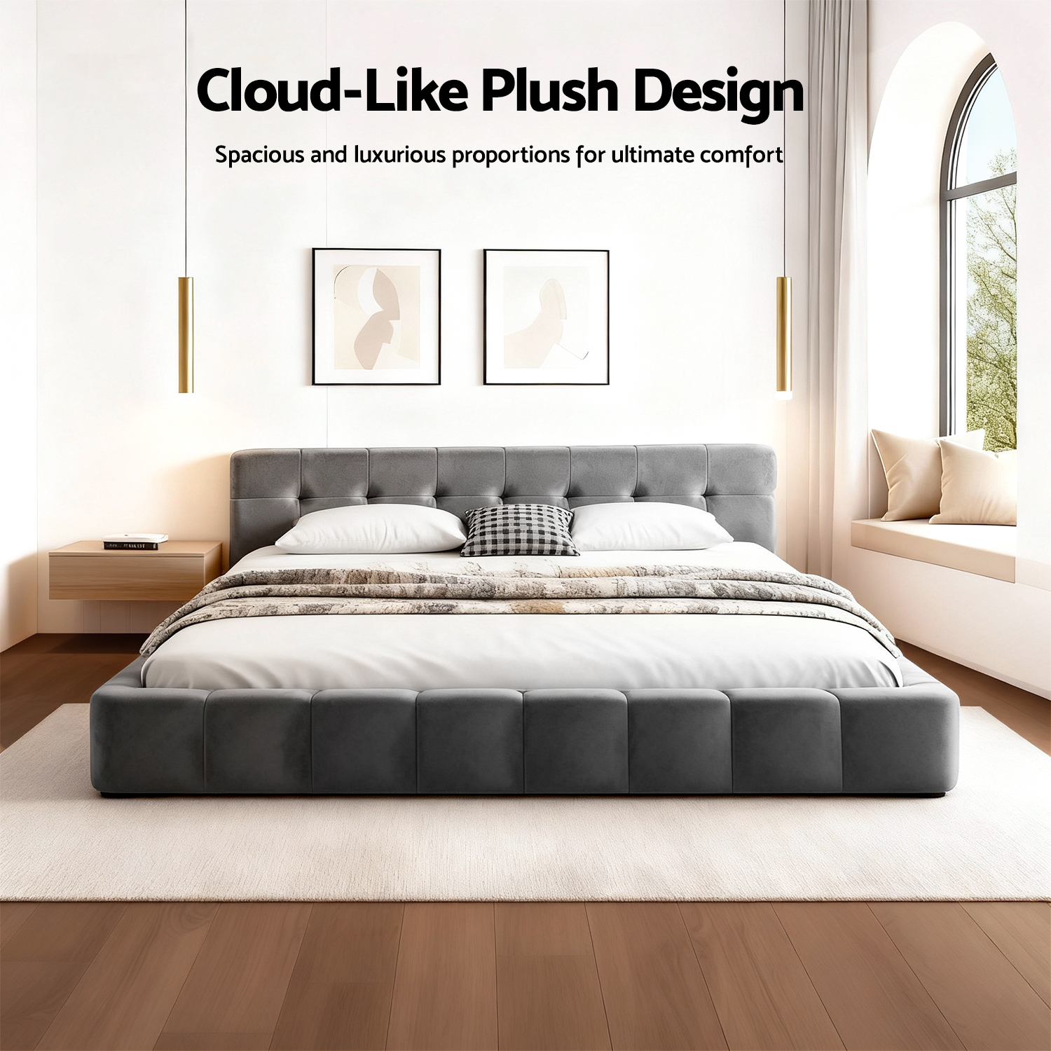 Artiss Velvet Bed Frame with Plush Headboard, Queen or King view 3