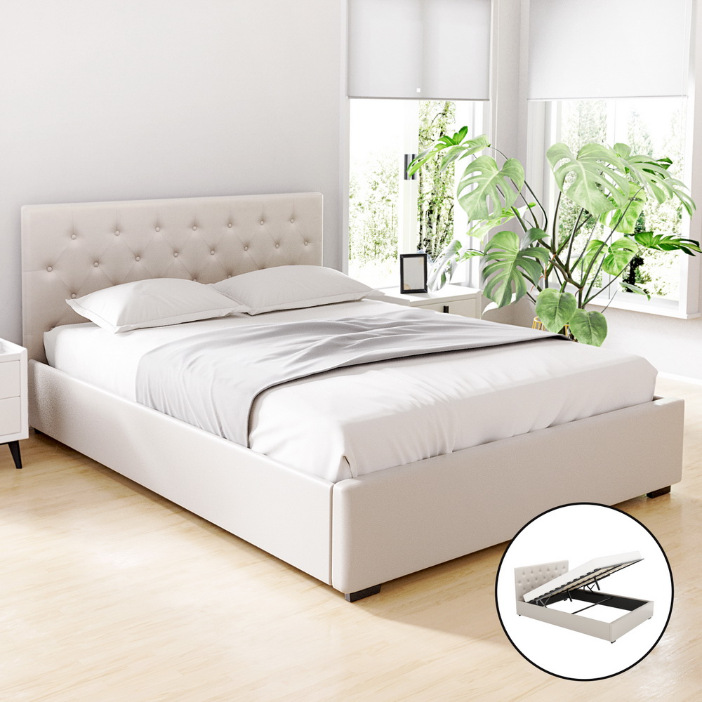 Artiss Vila Gas Lift Linen Bed Frame, Various Colours