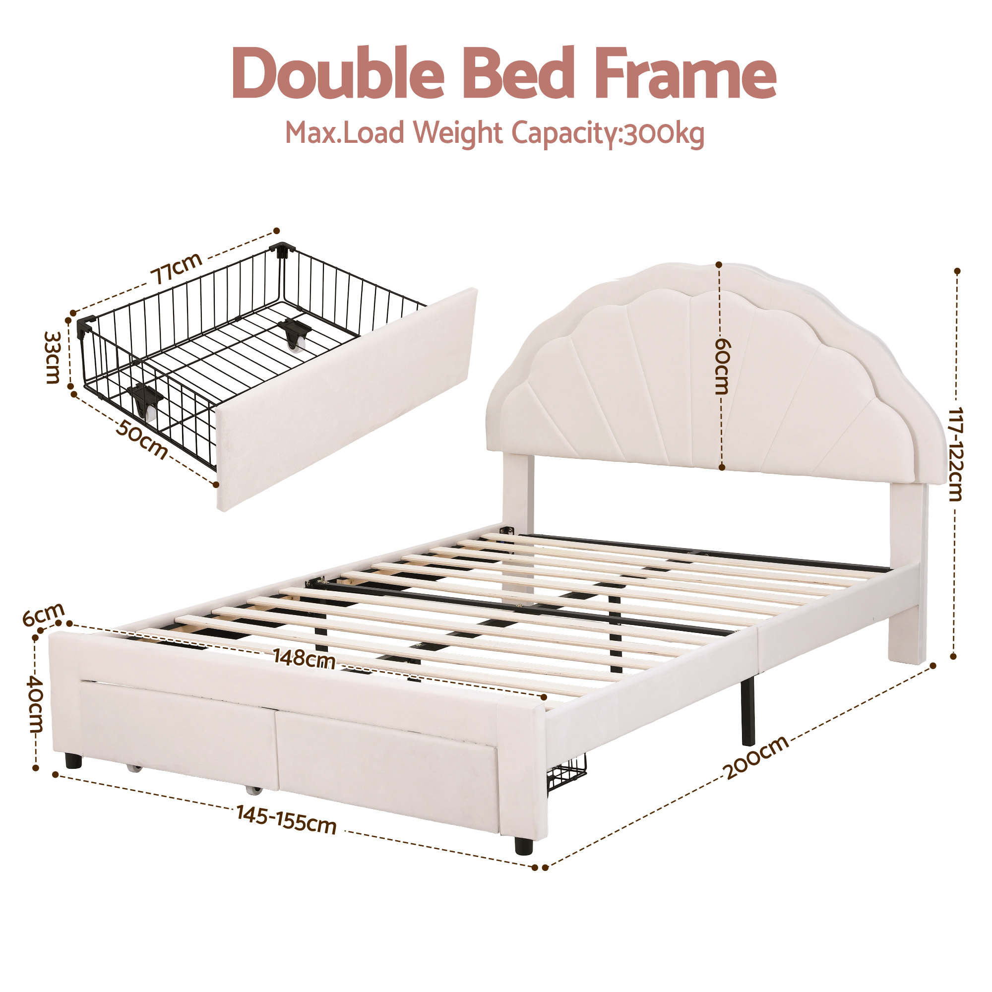 Artiss Double Bed Frame with 2 Storage Drawers, LED Headboard view 2