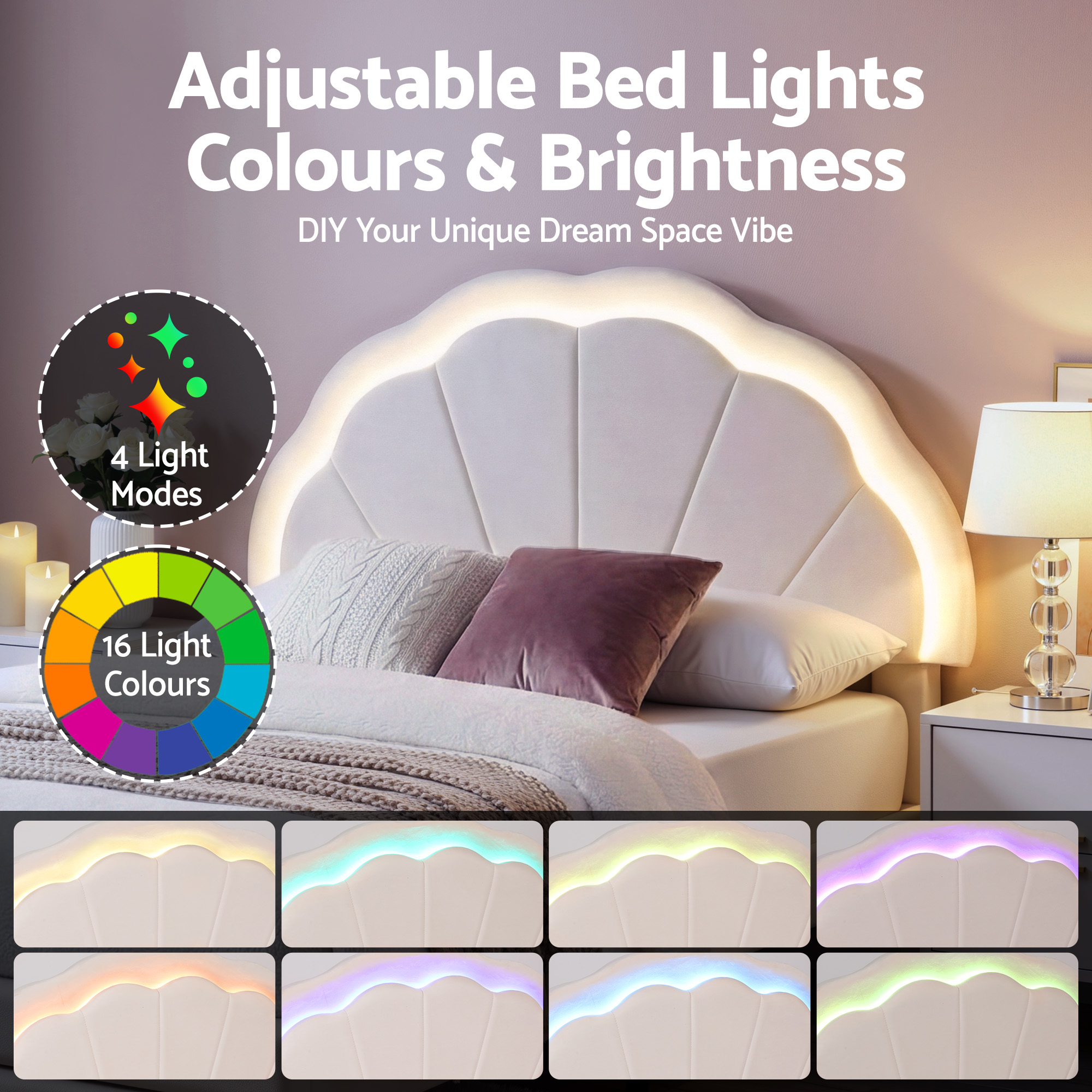 Artiss King Single Velvet Bed Frame with LED Headboard view 5
