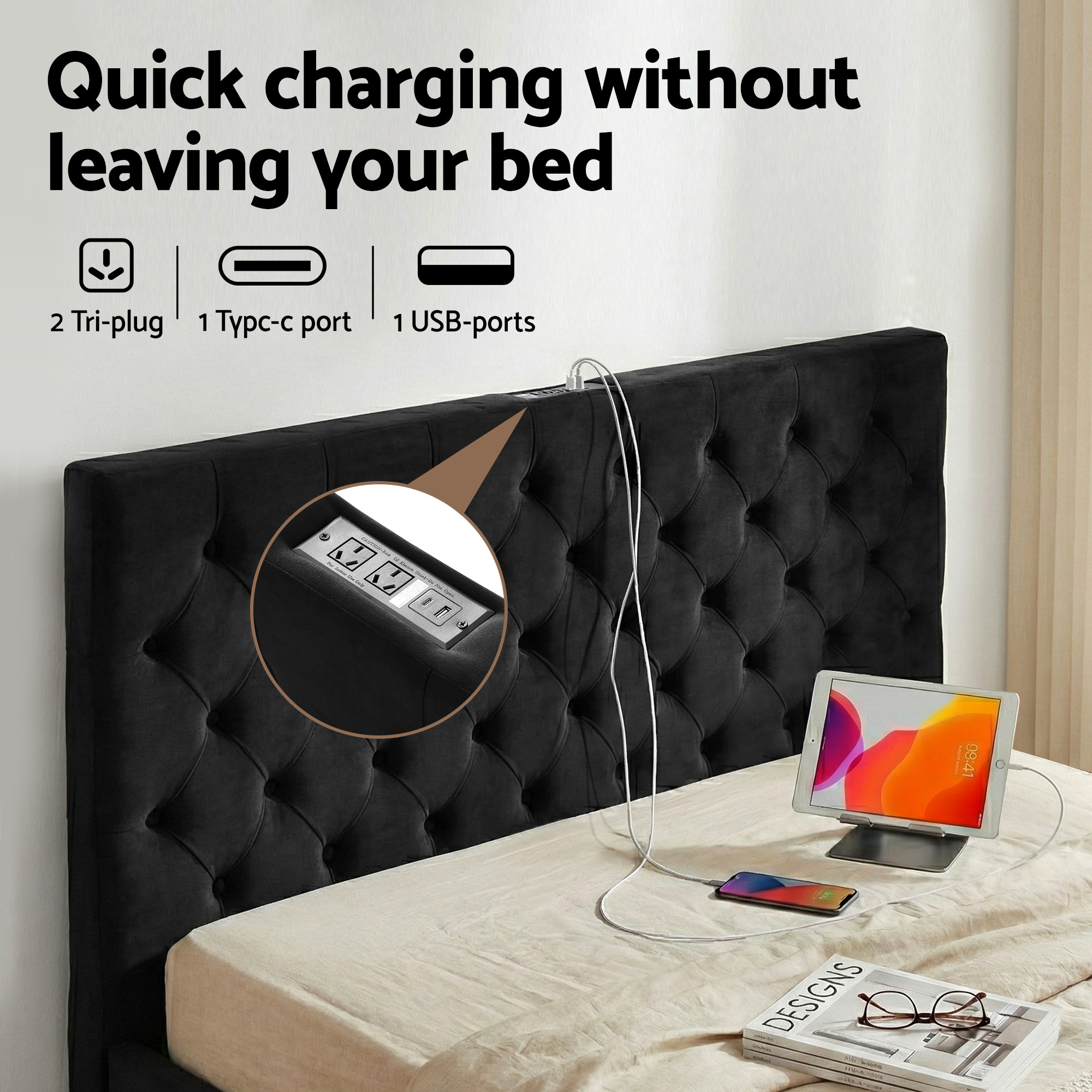 Artiss Bed Frame with Storage Charging Station, Queen or King view 4