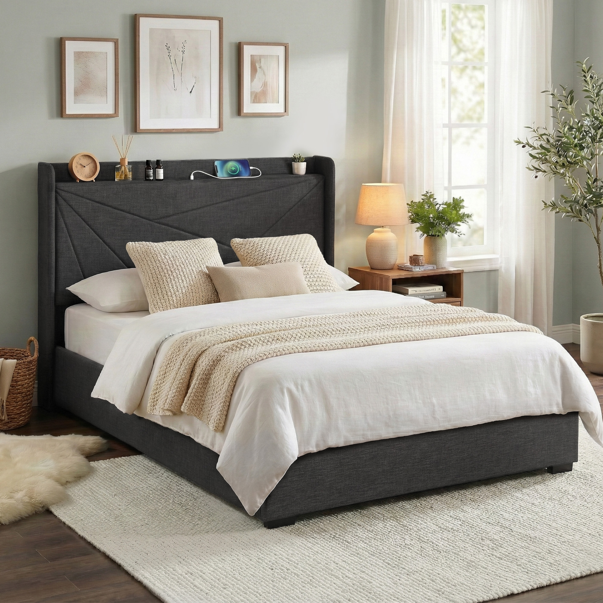 Artiss Gas Lift Storage Bed Frame with Charging, Charcoal Grey