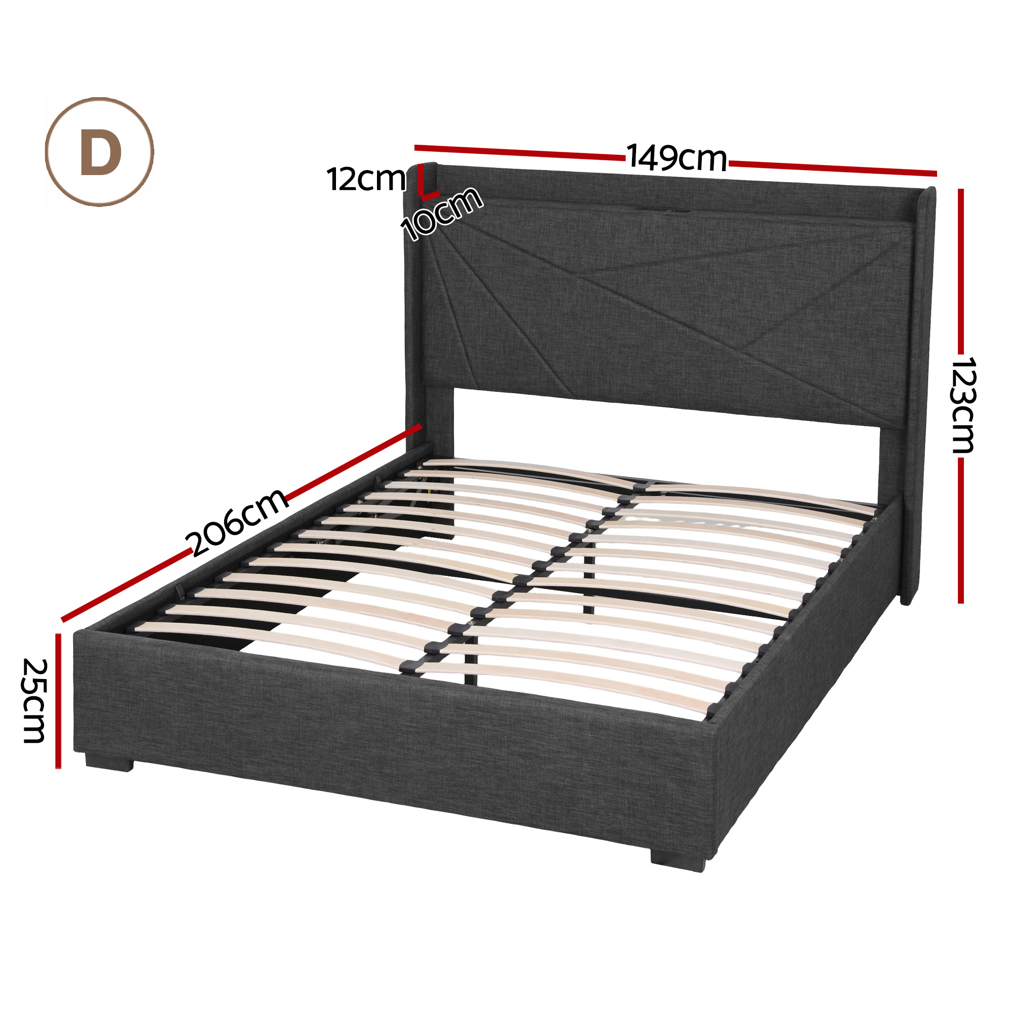 Artiss Gas Lift Storage Bed Frame with Charging, Charcoal Grey view 3