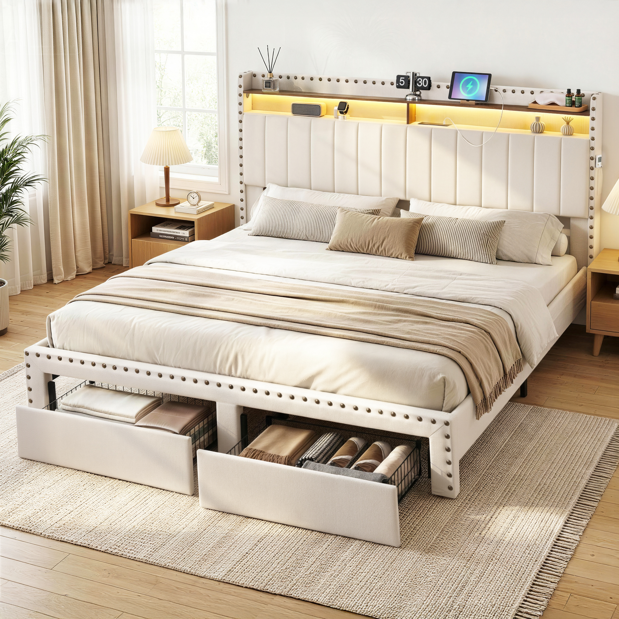 Artiss King Linen Bed Frame with Charging Station and Shelf